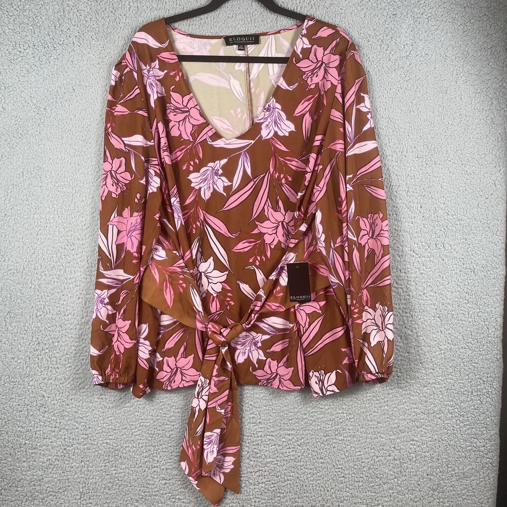 ELOQUII Plus Size 24 Blouse Shirt Top Brown Pink Purple Floral Long Sleeve